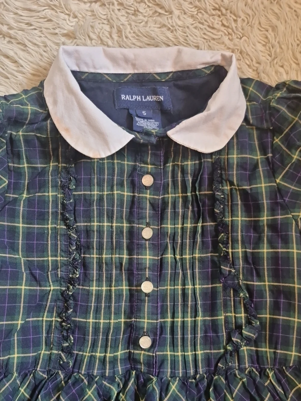 RALPH LAUREN tuxedo Pleat Ruffle Plaid Dress 5 Peter Pan Collar Short Puff Sleve